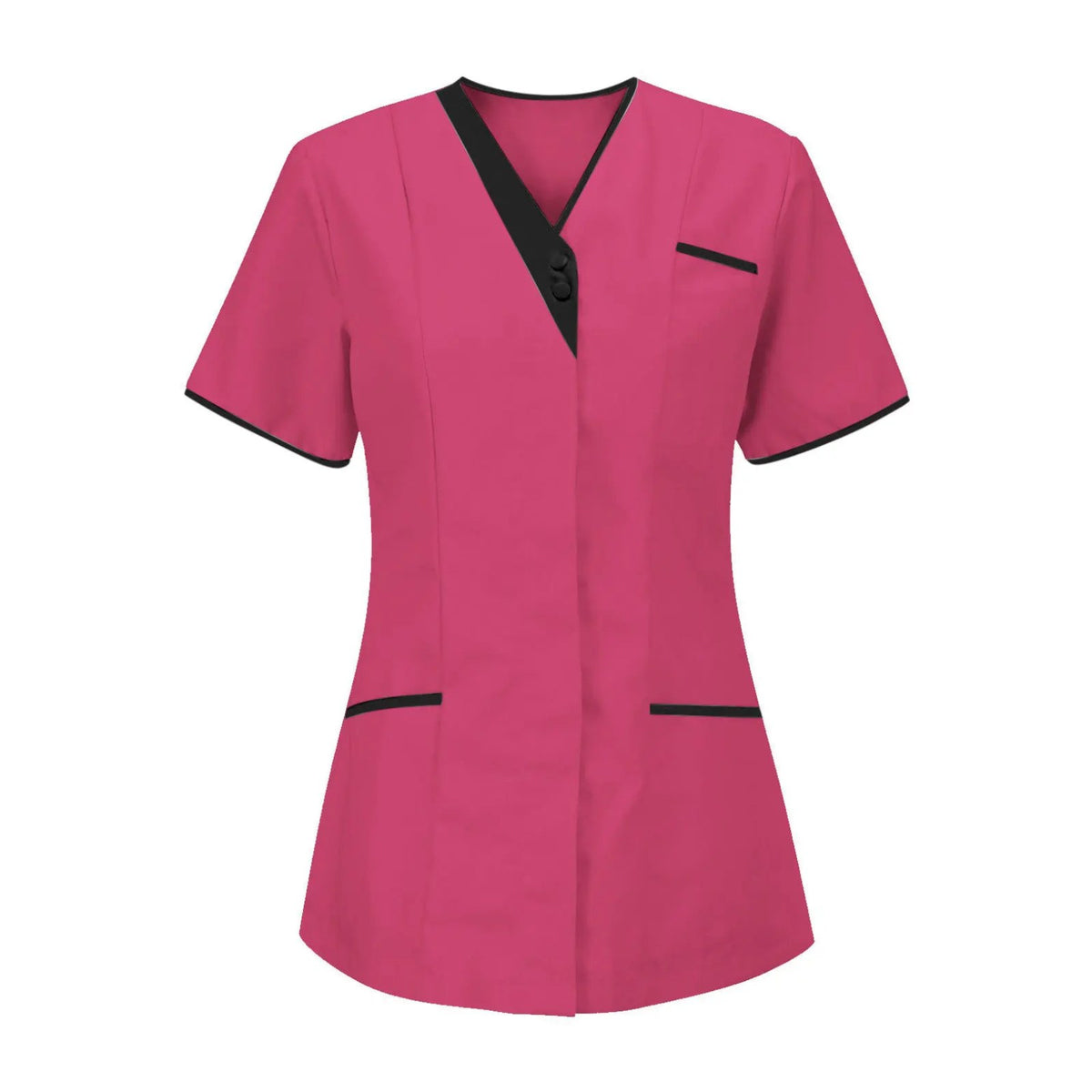 Blouse esthéticienne col V bicolore, seule ou avec son pantalon, rouge framboise, tunique seule