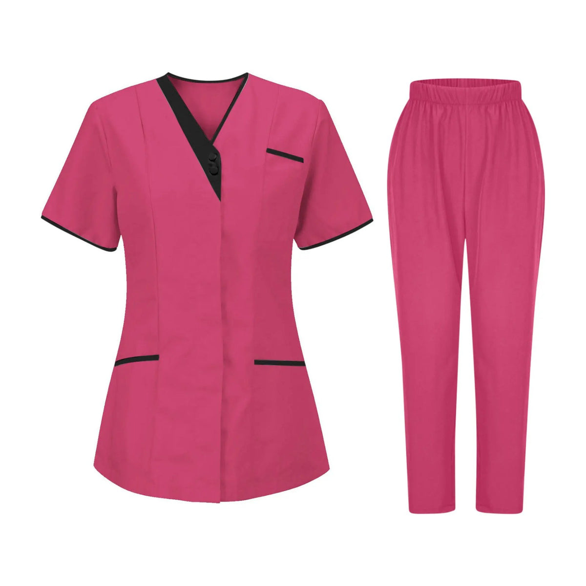 Blouse esthéticienne col V bicolore, seule ou avec son pantalon, rouge framboise, tunique et pantalon