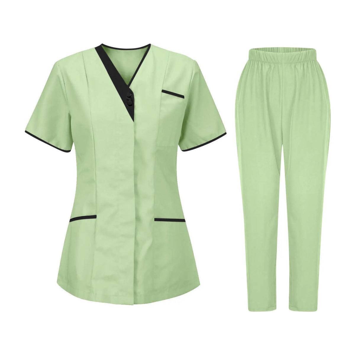 Blouse esthéticienne col V bicolore, seule ou avec son pantalon, vert clair, tunique et pantalon