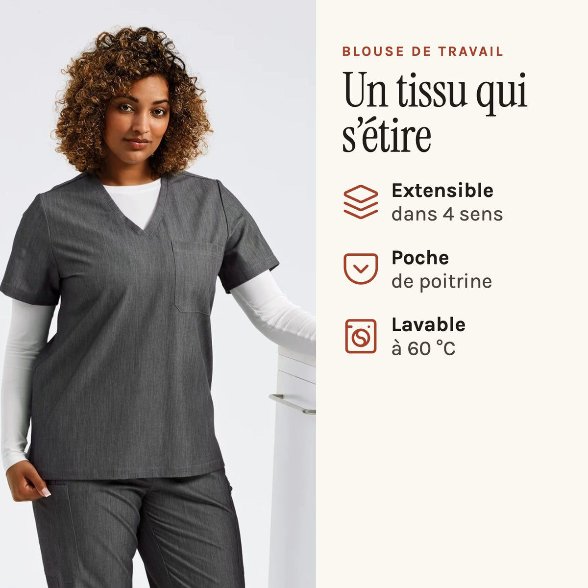 Arbeitskittel Damen mit V-Ausschnitt, Grau, getragen