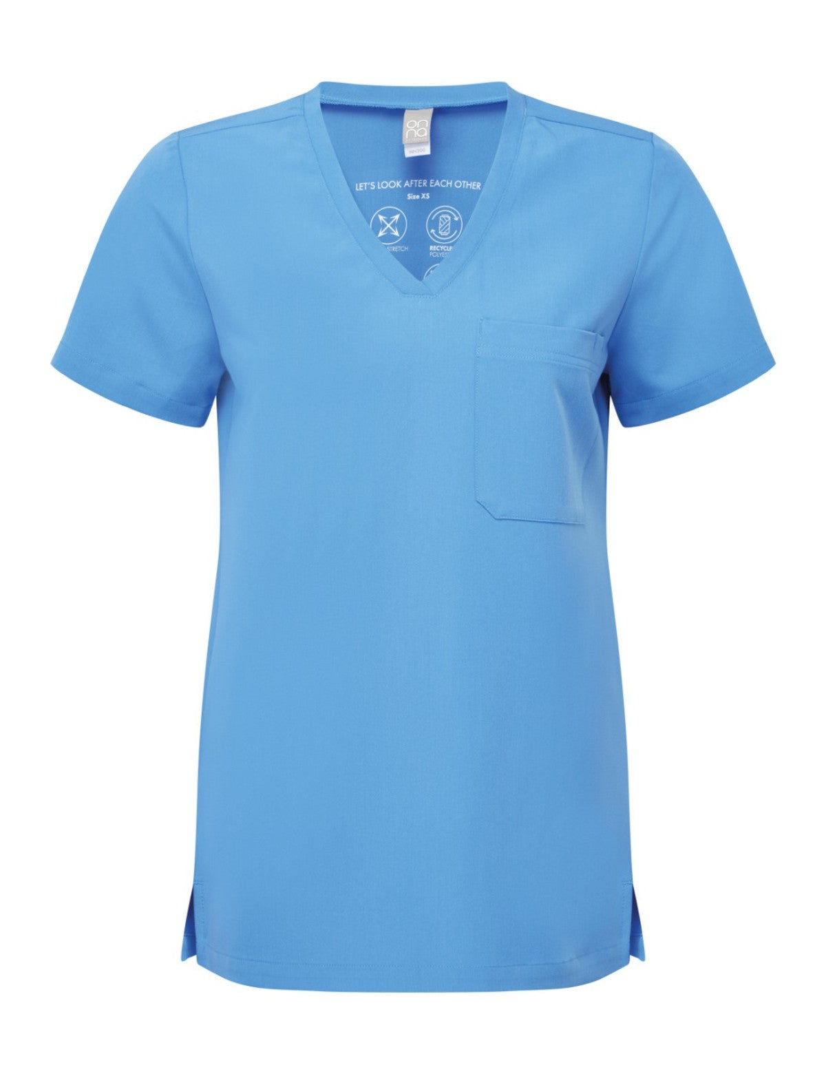 Blouse femme de travail col V, bleu ciel, de face