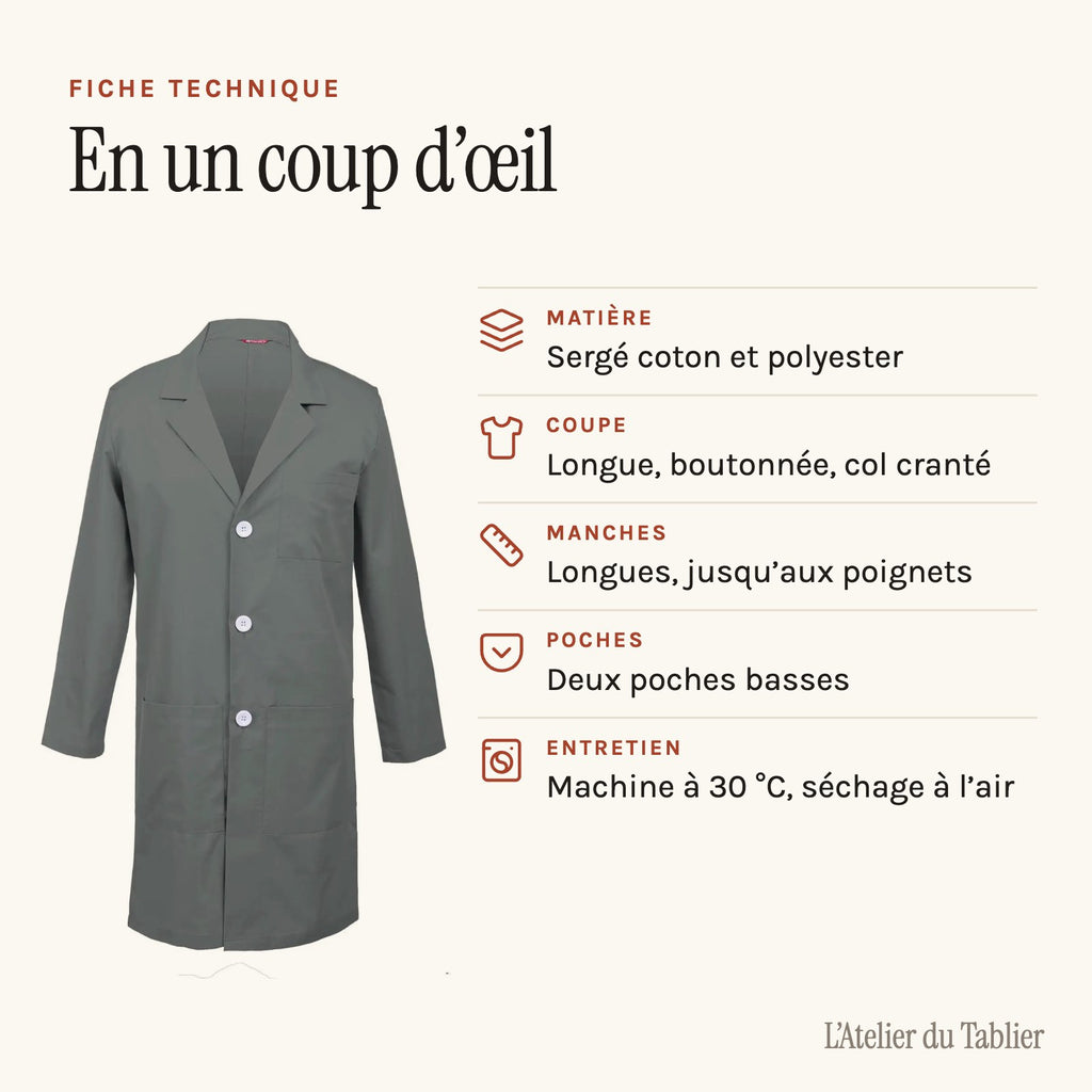 Blouse grise longue à manches longues, col cranté, fiche technique