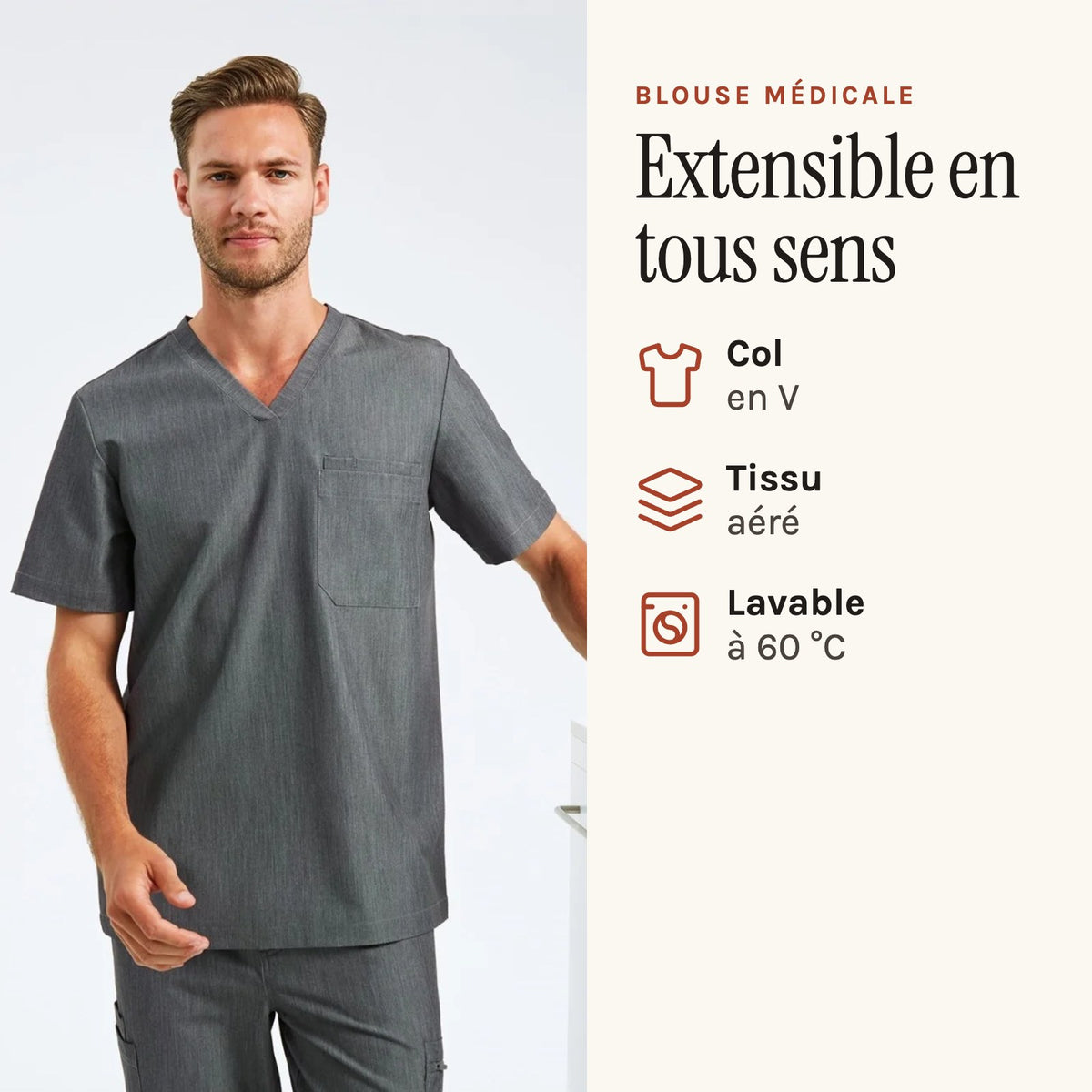Men's V-neck medical tunic, grey, worn