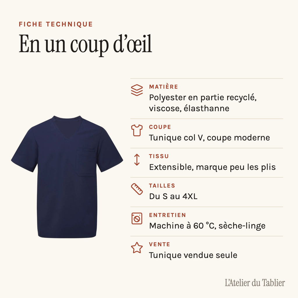 Men's V-neck medical tunic, size and specification sheet
