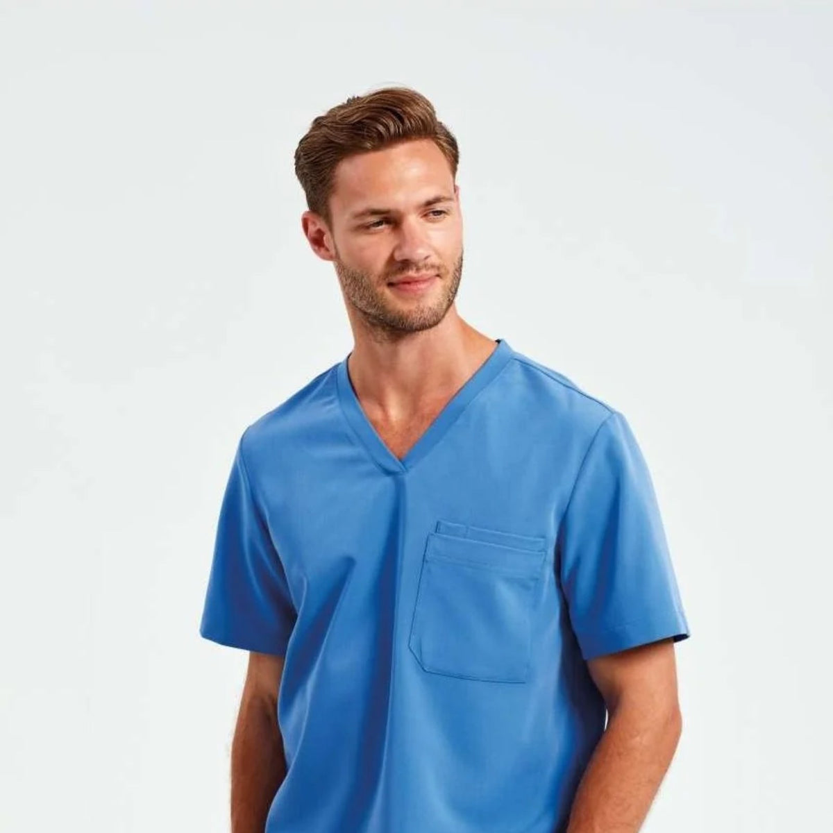 Men's V-neck medical tunic, sky blue, worn