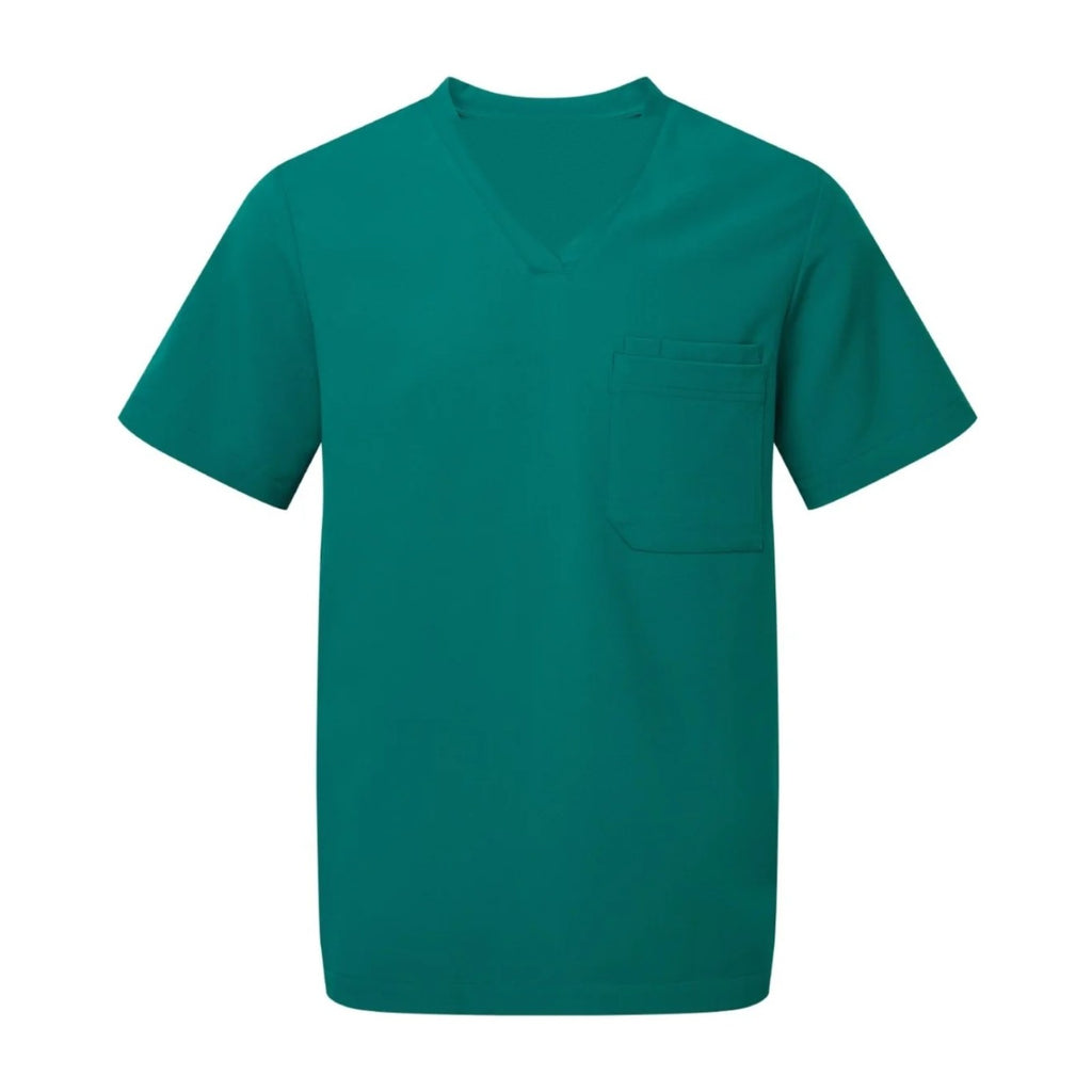 Men's V-neck medical tunic, green, front view