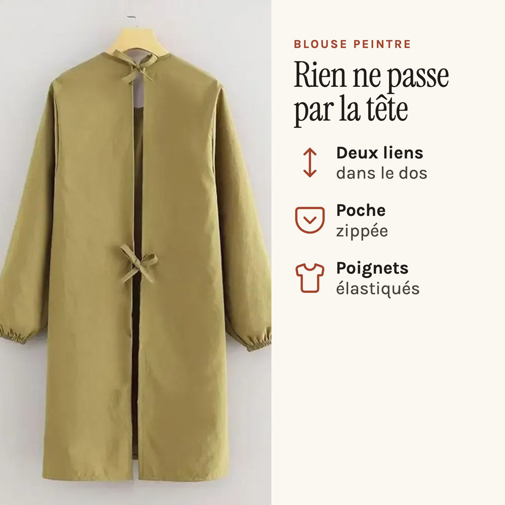 Blouse peintre à manches longues, nouée dans le dos, kaki, vue de dos avec ses liens