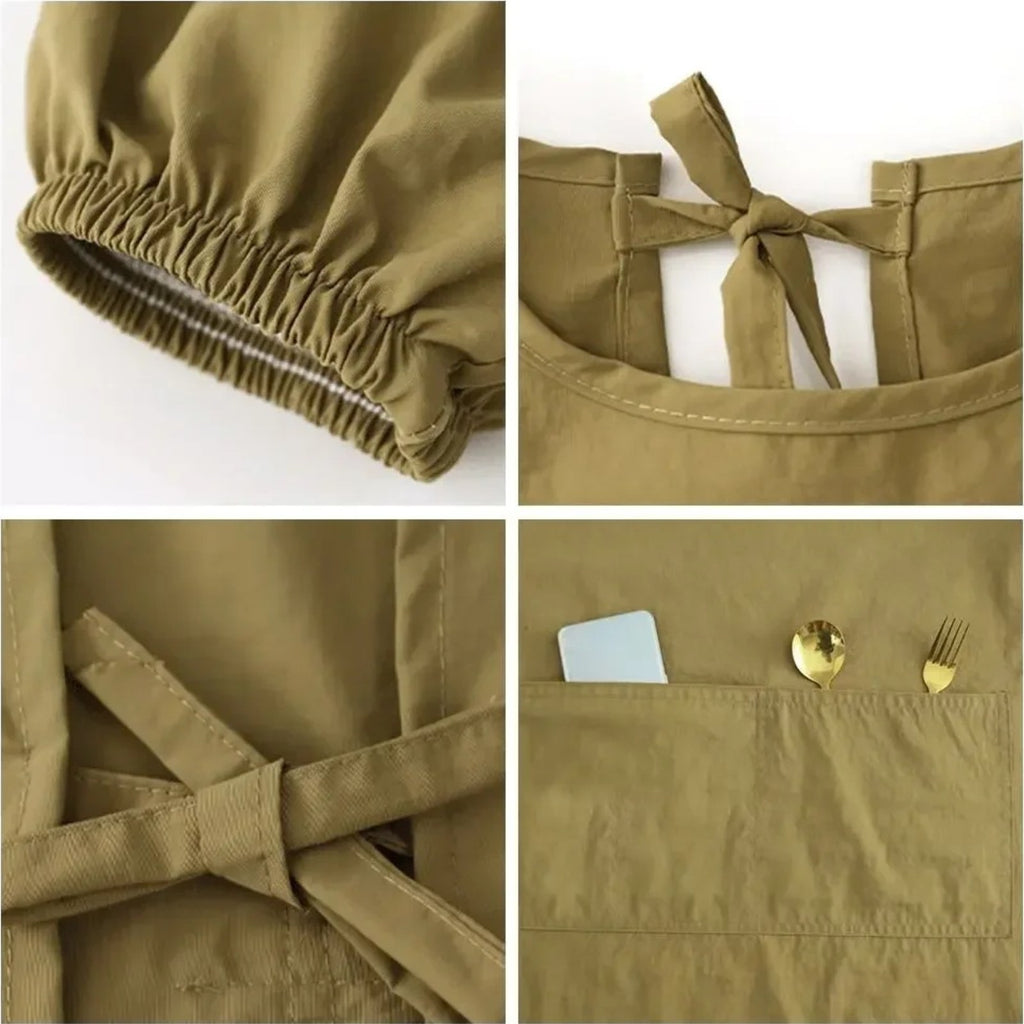 Blouse peintre à manches longues, nouée dans le dos, poignet élastiqué, liens dans le dos et poche