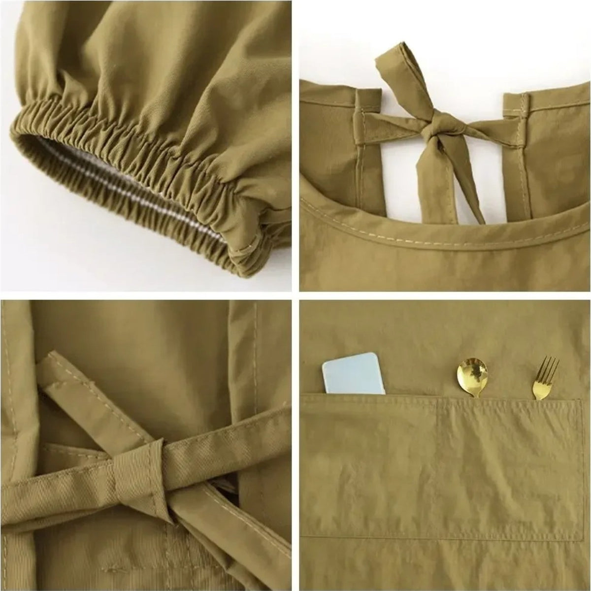 Blouse peintre à manches longues, nouée dans le dos, poignet élastiqué, liens dans le dos et poche