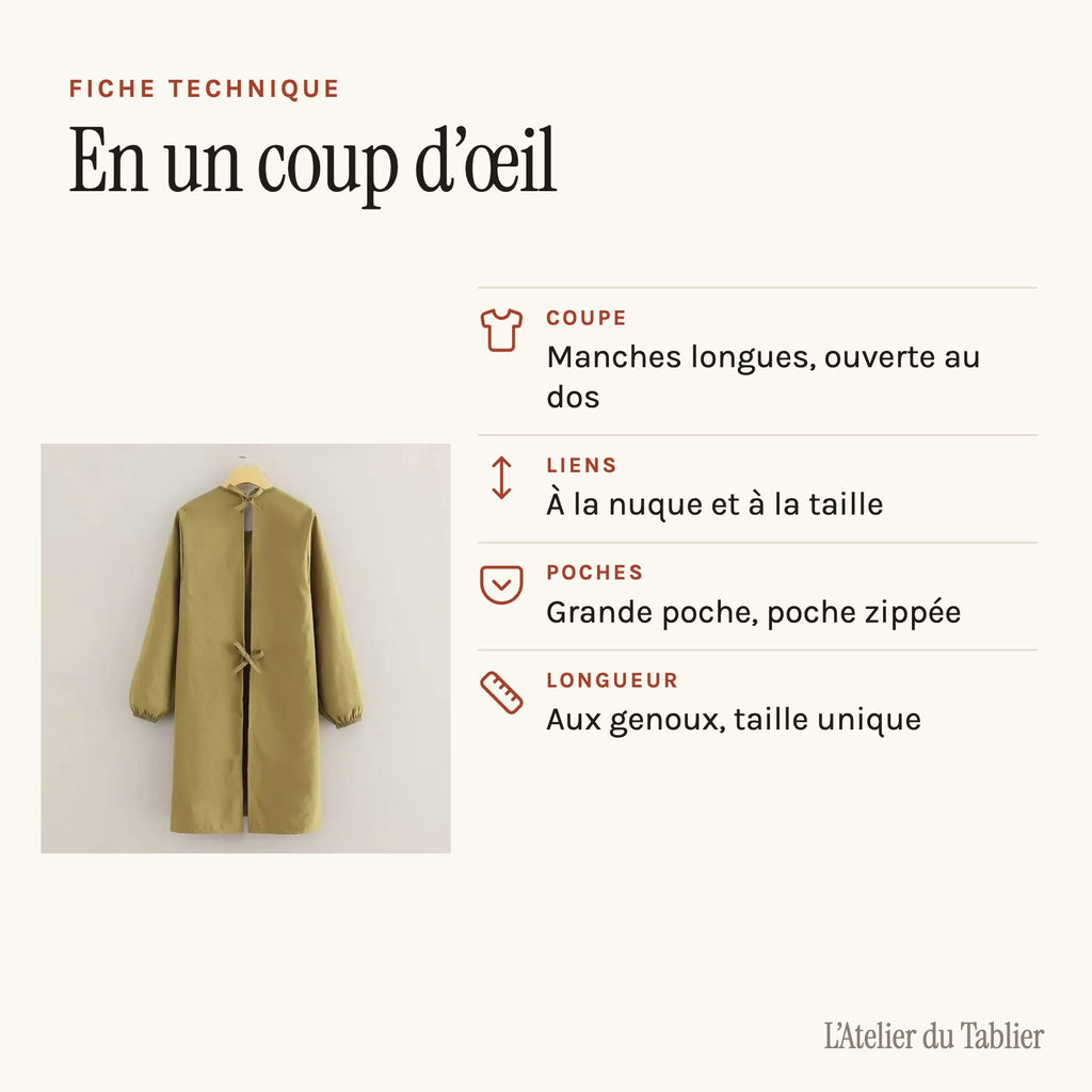 Blouse peintre à manches longues, nouée dans le dos, fiche technique