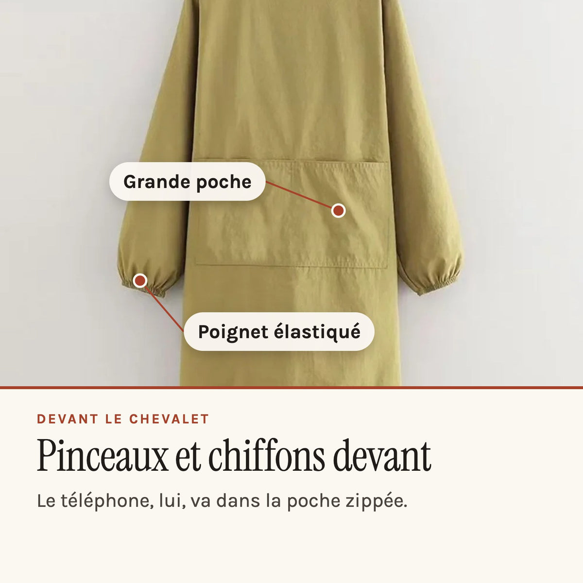 Blouse peintre à manches longues, nouée dans le dos, kaki, grande poche et poignets élastiqués
