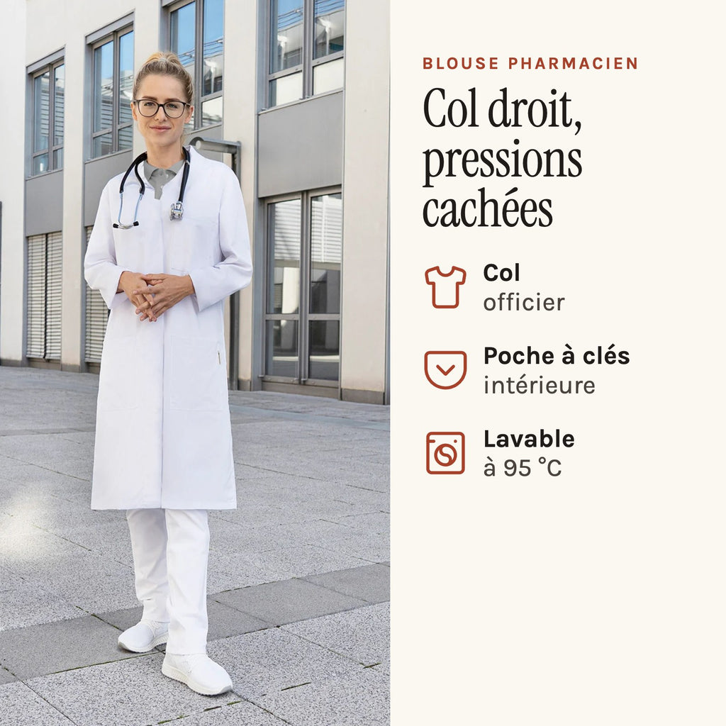 Blouse pharmacien blanche à col officier, coupe femme, portée