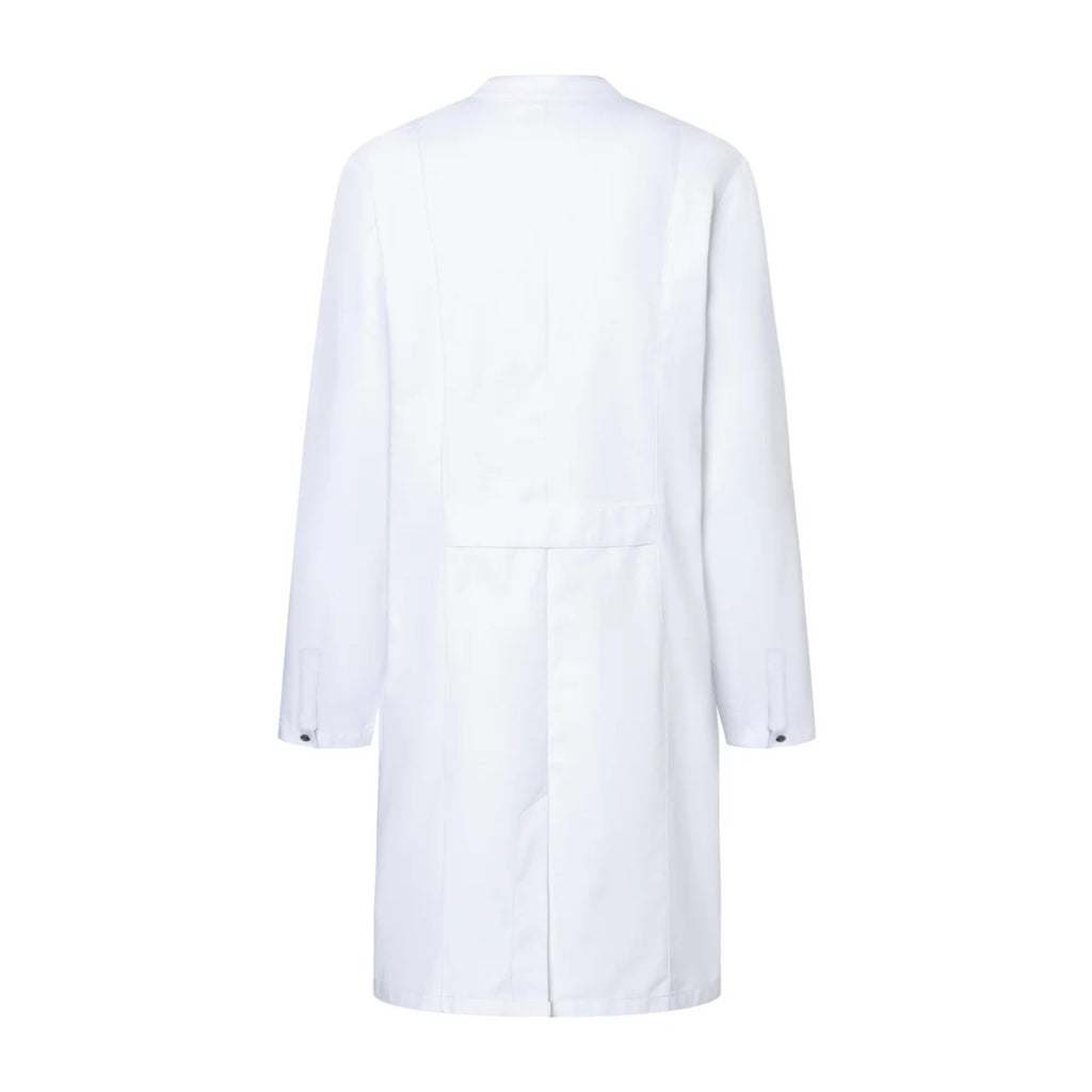 Blouse pharmacien blanche à col officier, coupe femme, de dos
