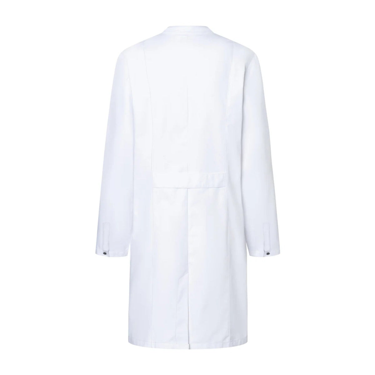 Blouse pharmacien blanche à col officier, coupe femme, de dos