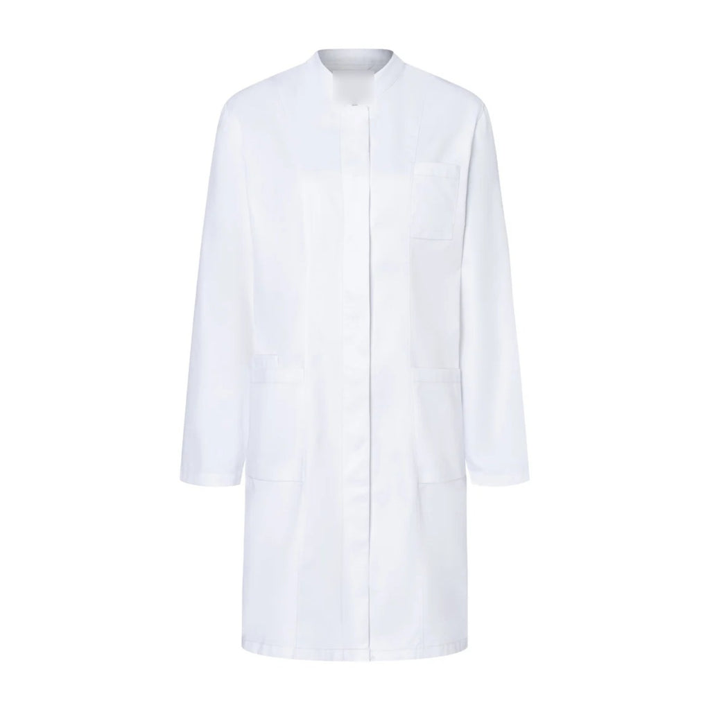 Blouse pharmacien blanche à col officier, coupe femme, de face