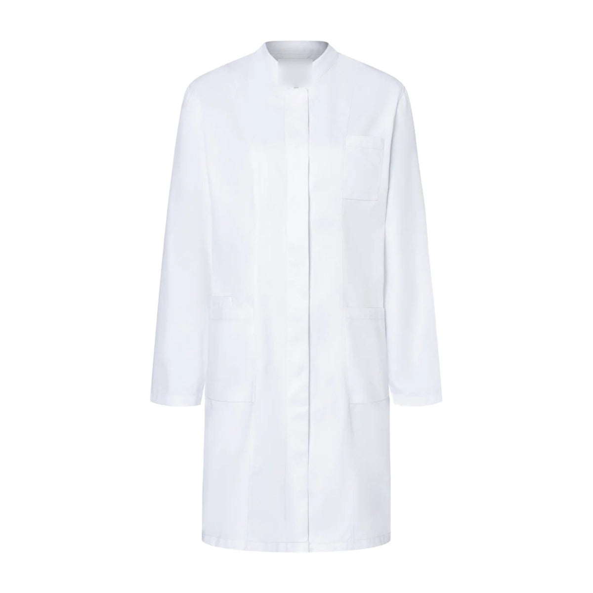Blouse pharmacien blanche à col officier, coupe femme, de face