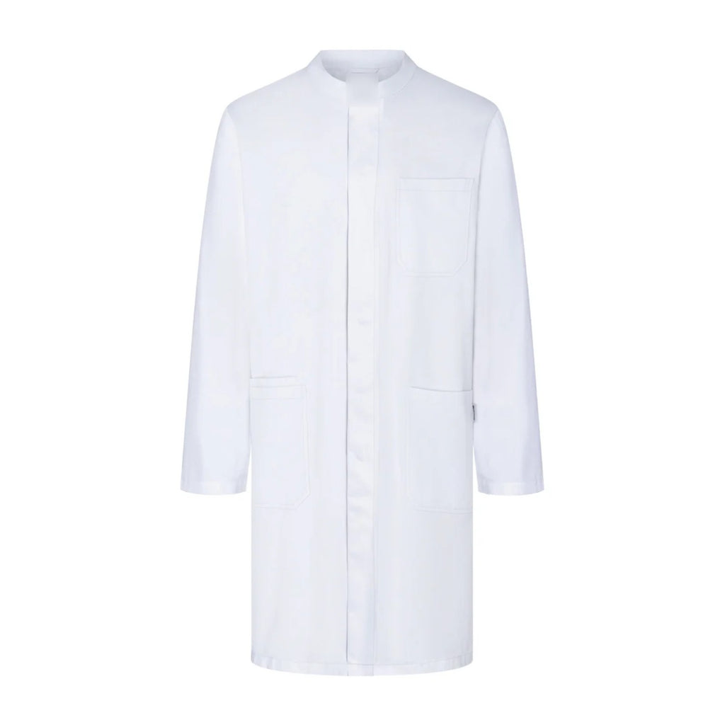 Blouse pharmacien blanche à col officier, coupe homme, de face