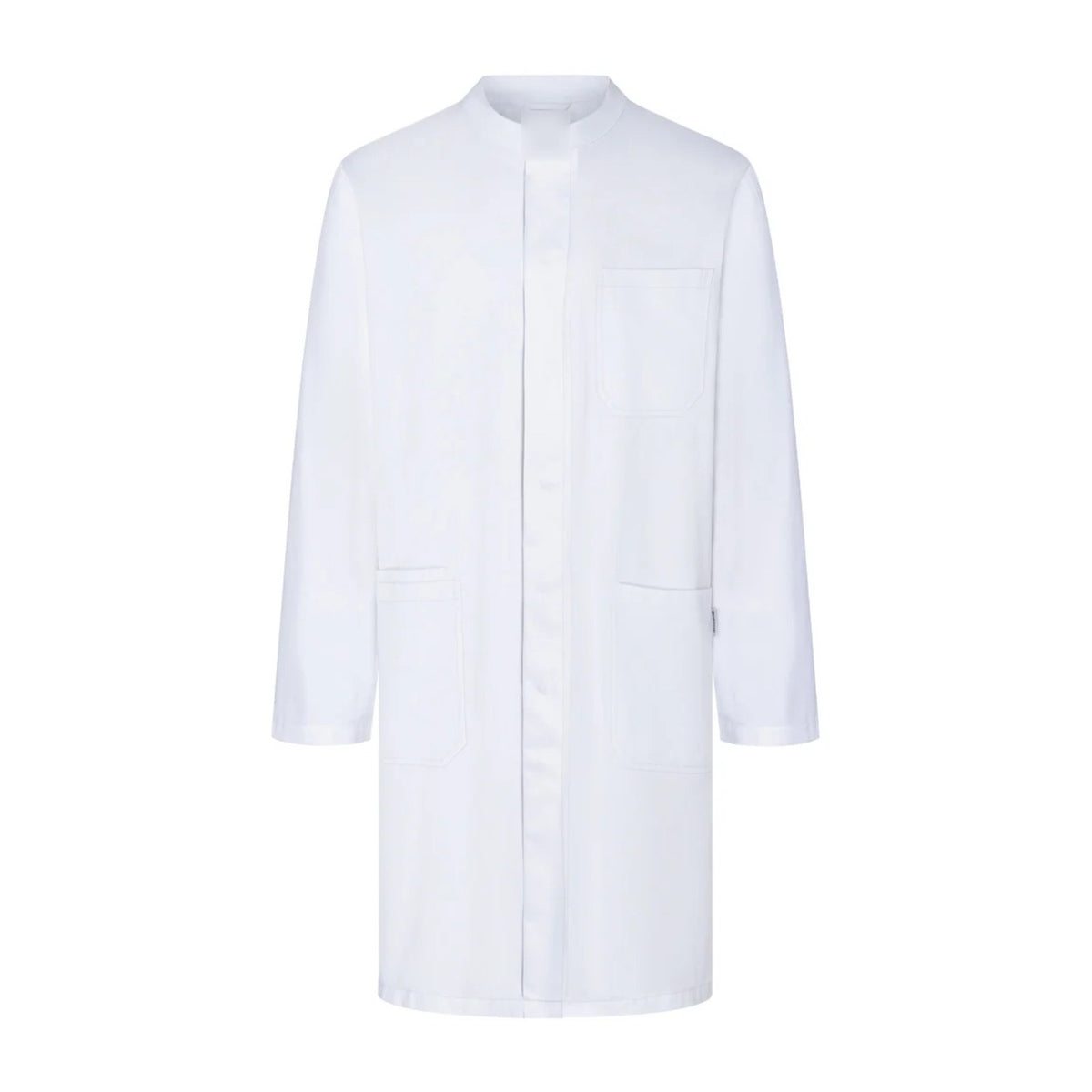 Blouse pharmacien blanche à col officier, coupe homme, de face