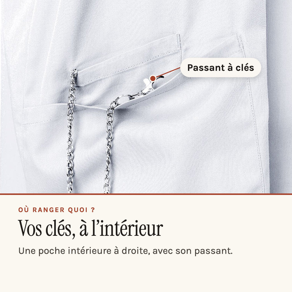 Blouse pharmacien blanche à col officier, poche intérieure à passant pour les clés