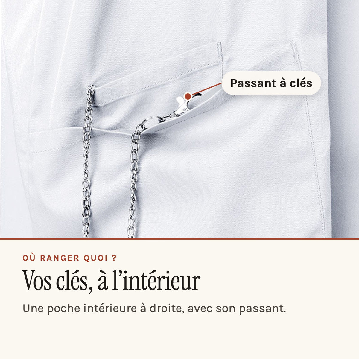Blouse pharmacien blanche à col officier, poche intérieure à passant pour les clés