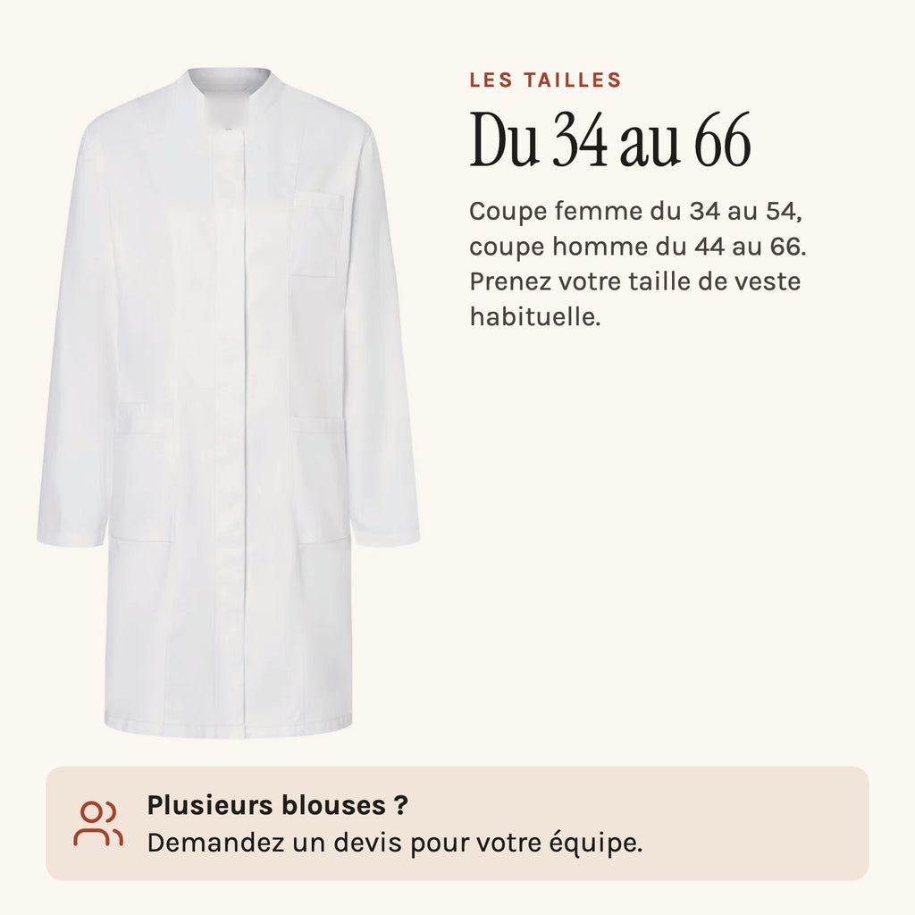 Blouse pharmacien blanche à col officier, les tailles