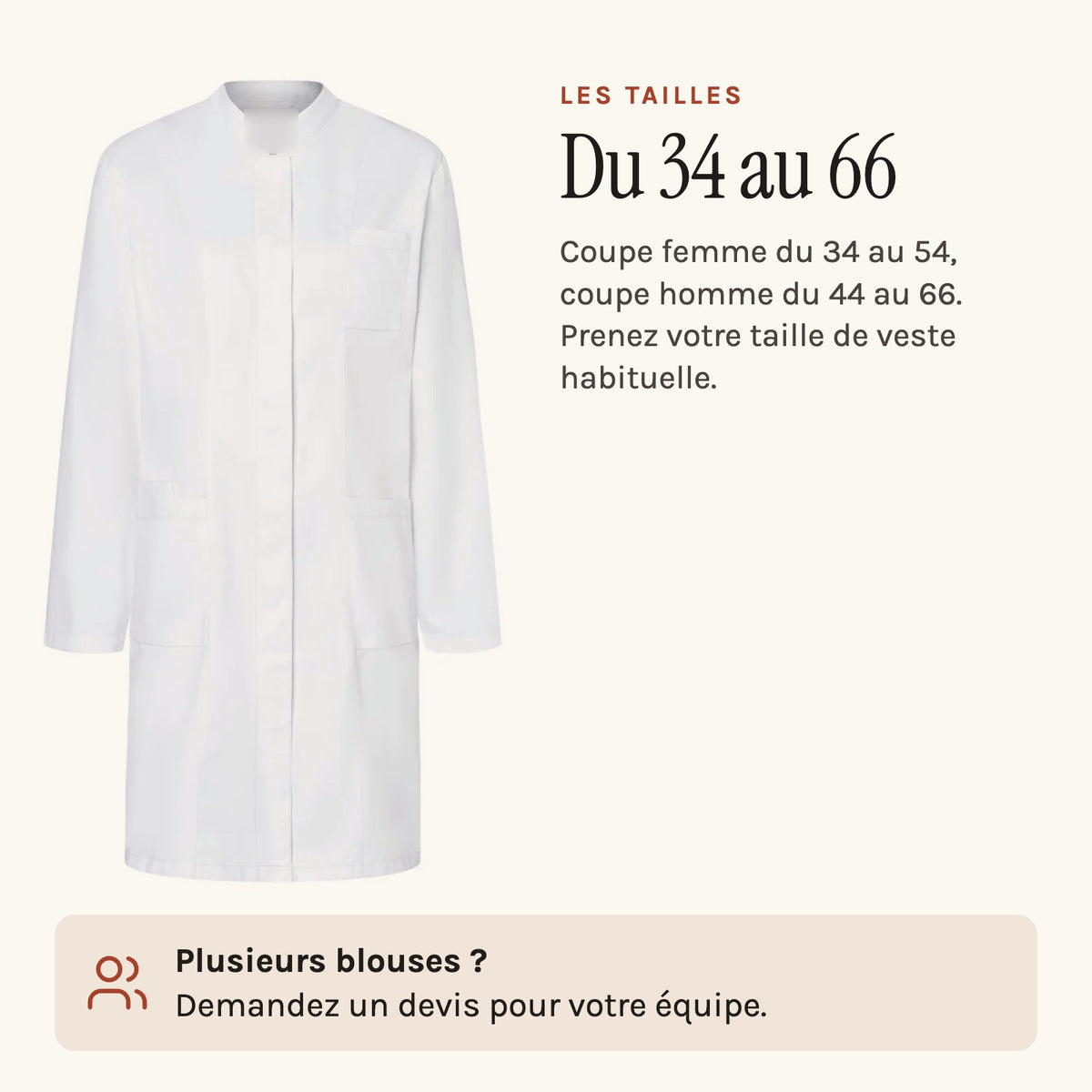 Blouse pharmacien blanche à col officier, les tailles