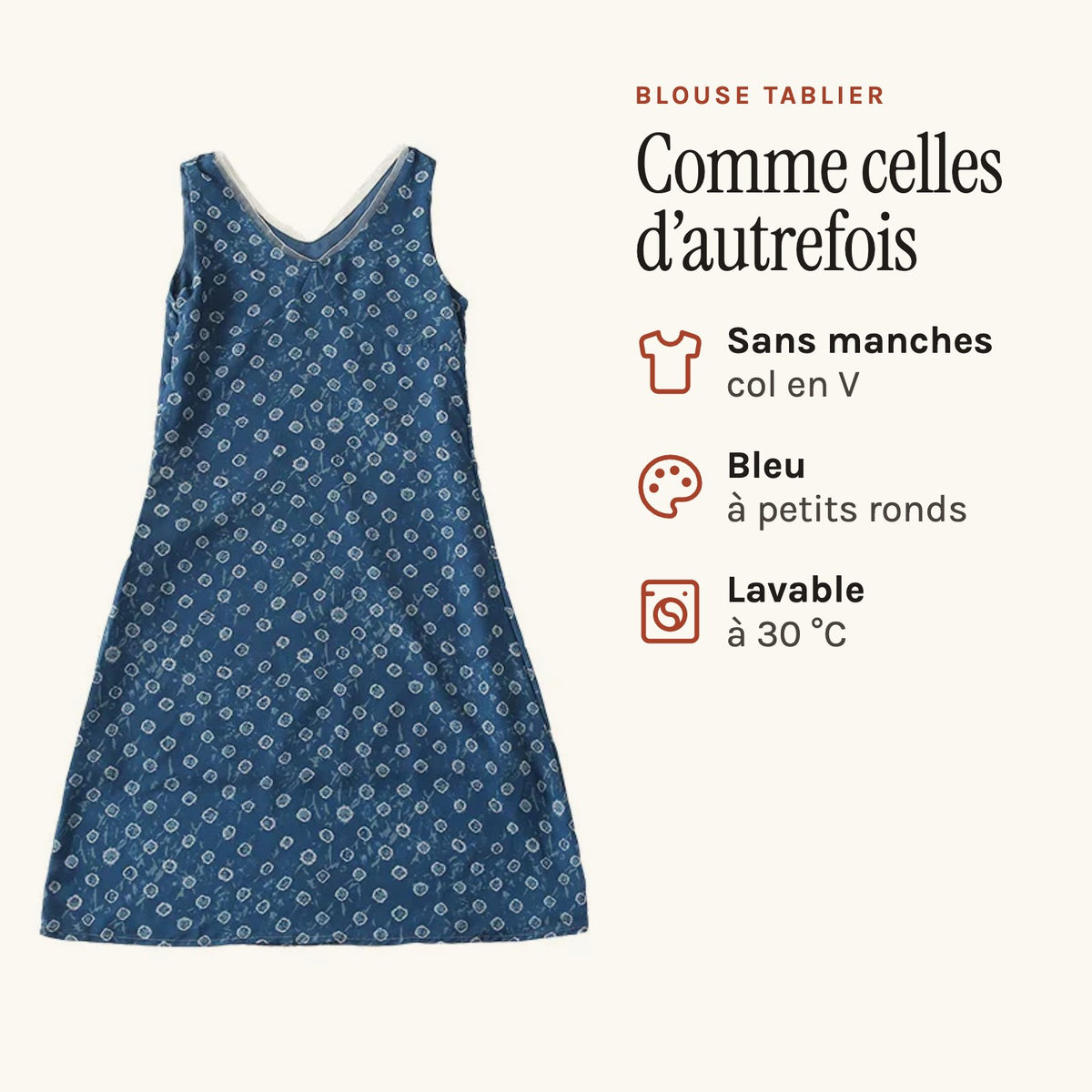 Blouse tablier grand-mère sans manches, imprimé bleu à petits ronds