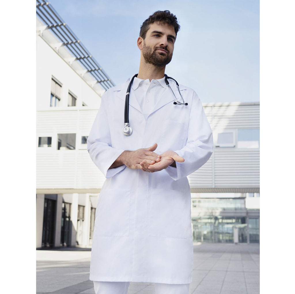 Blouses chimie blanches, coupe homme, photo portée