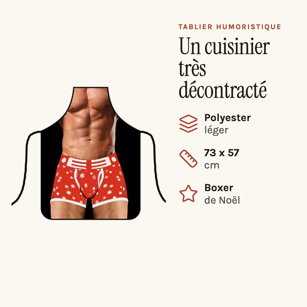 Tablier de cuisine homme nu, boxer rouge étoilé, polyester léger