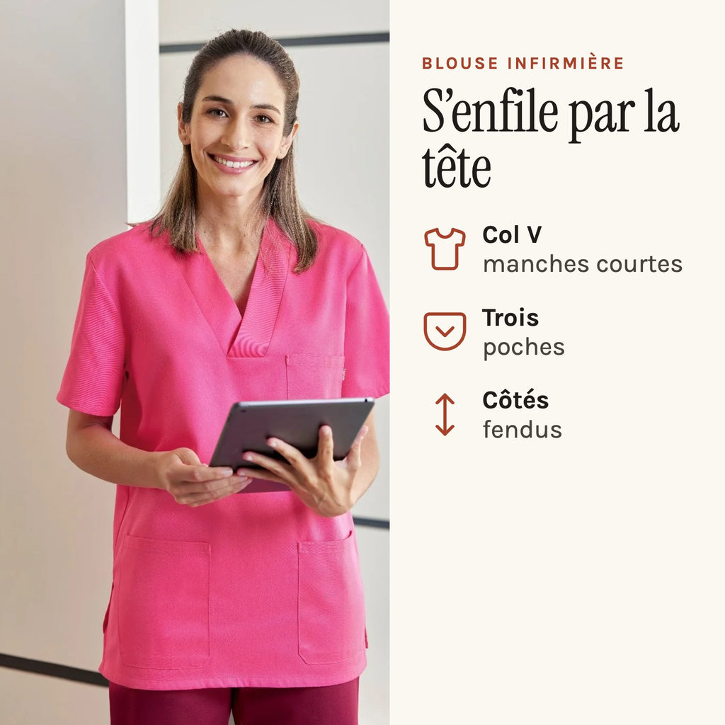 Casaca de enfermera de cuello de pico, fucsia, puesta