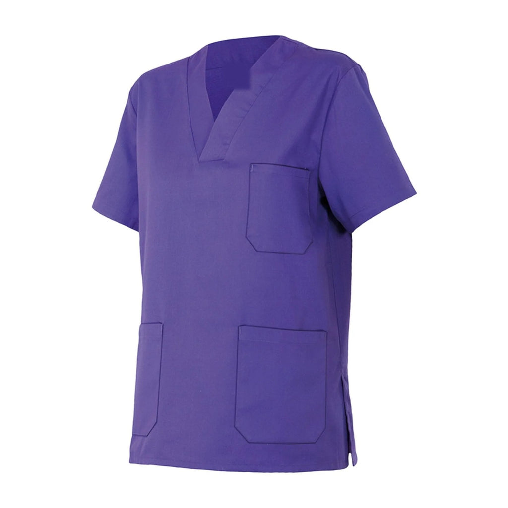 Casaca de enfermera de cuello de pico, morado, vista frontal