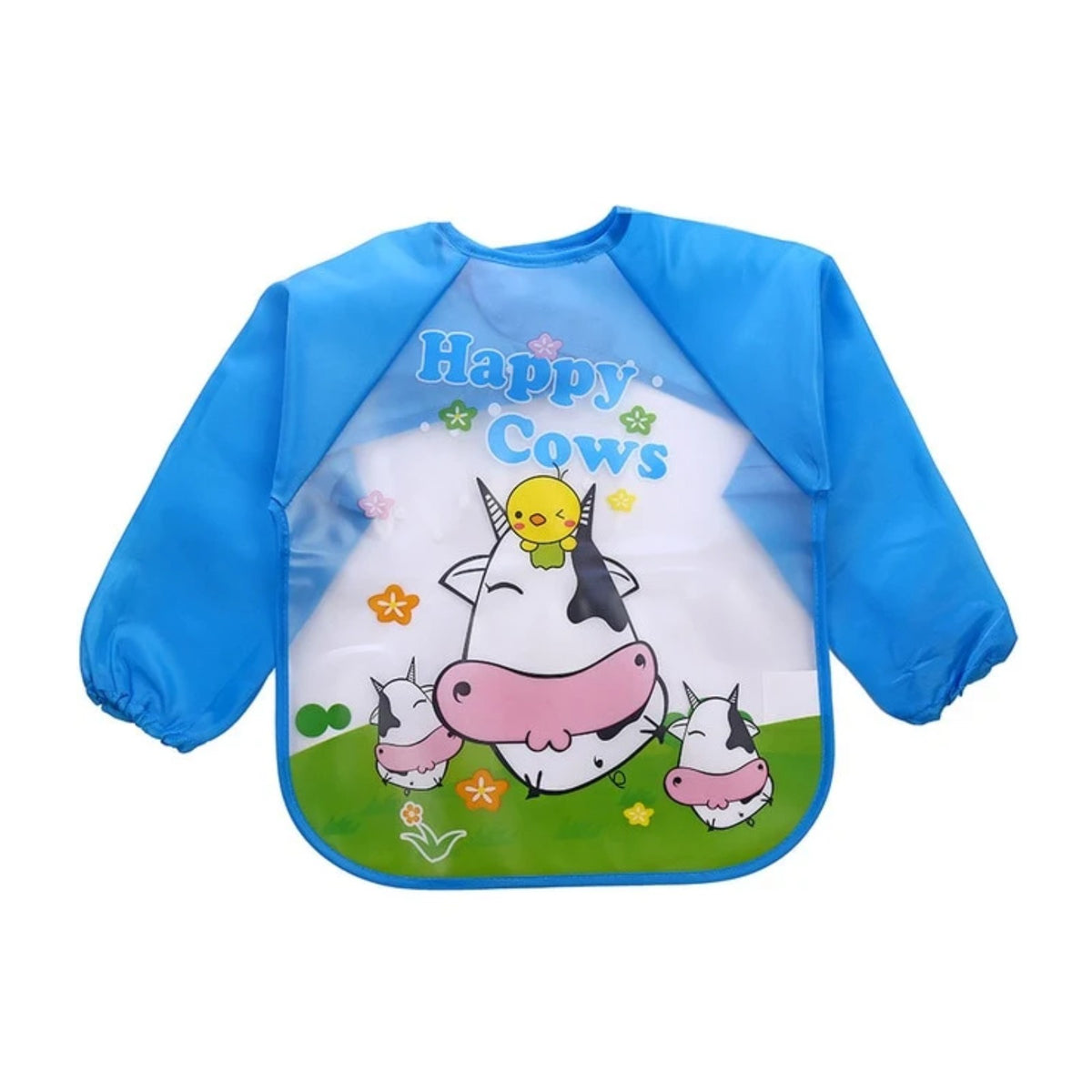 Petit tablier bleu à manches, motif vache