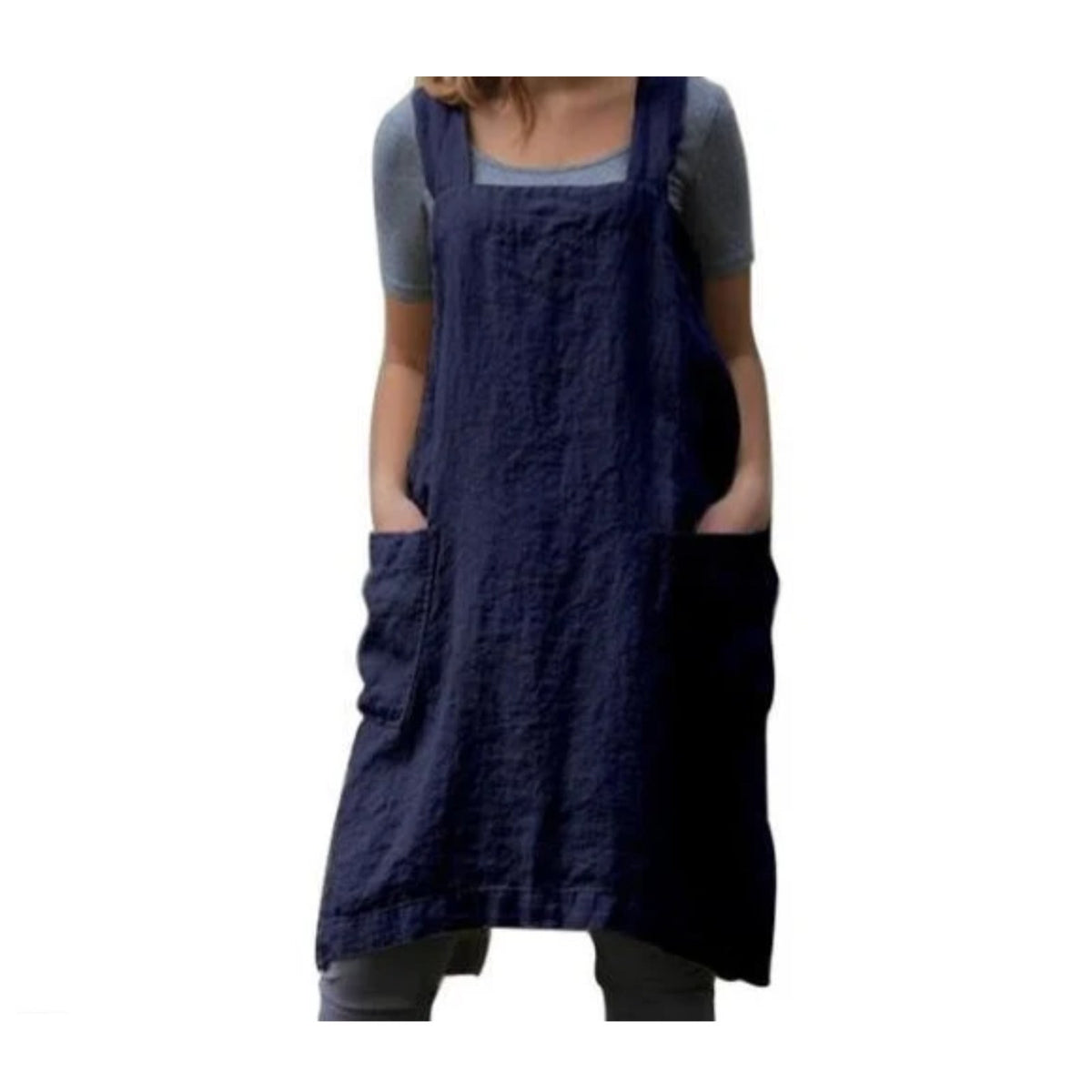 Japanisches Schürzenkleid, Blau, getragen