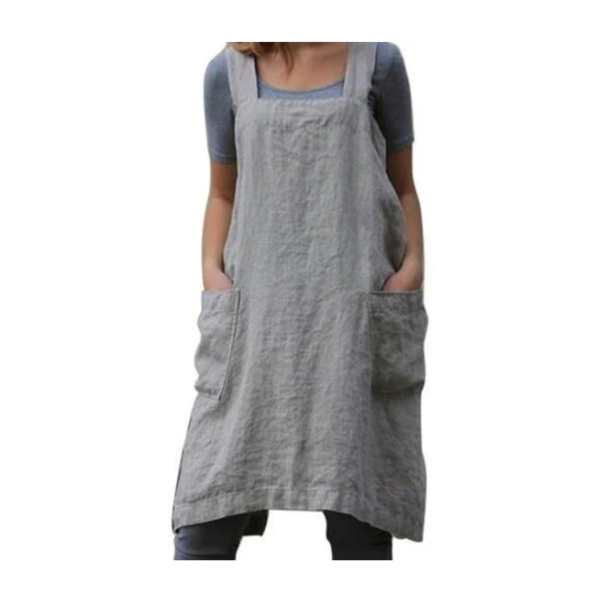 Japanisches Schürzenkleid, Grau, getragen