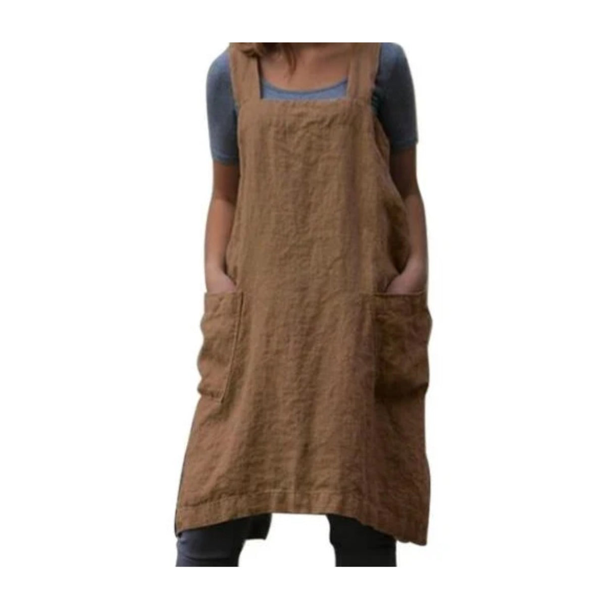 Japanisches Schürzenkleid, Khaki, getragen