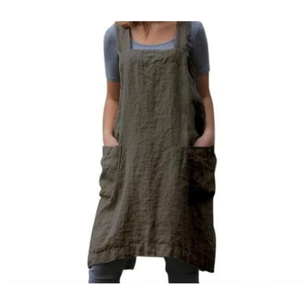 Japanisches Schürzenkleid, Olivgrün, getragen