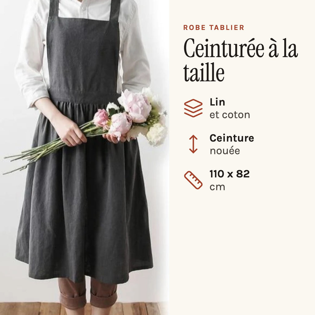 Japanisches Schürzenkleid mit Gürtel, Grau, getragen