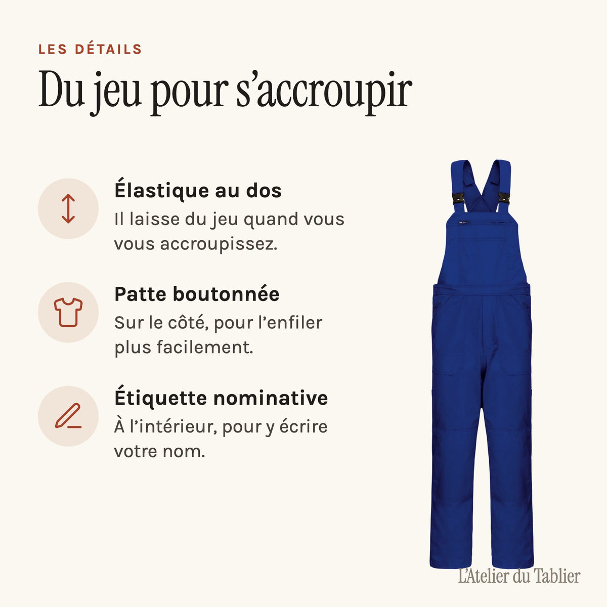 Arbeitslatzhose Blau, Gummizug am Rücken, geknöpfte Leiste, Namensetikett