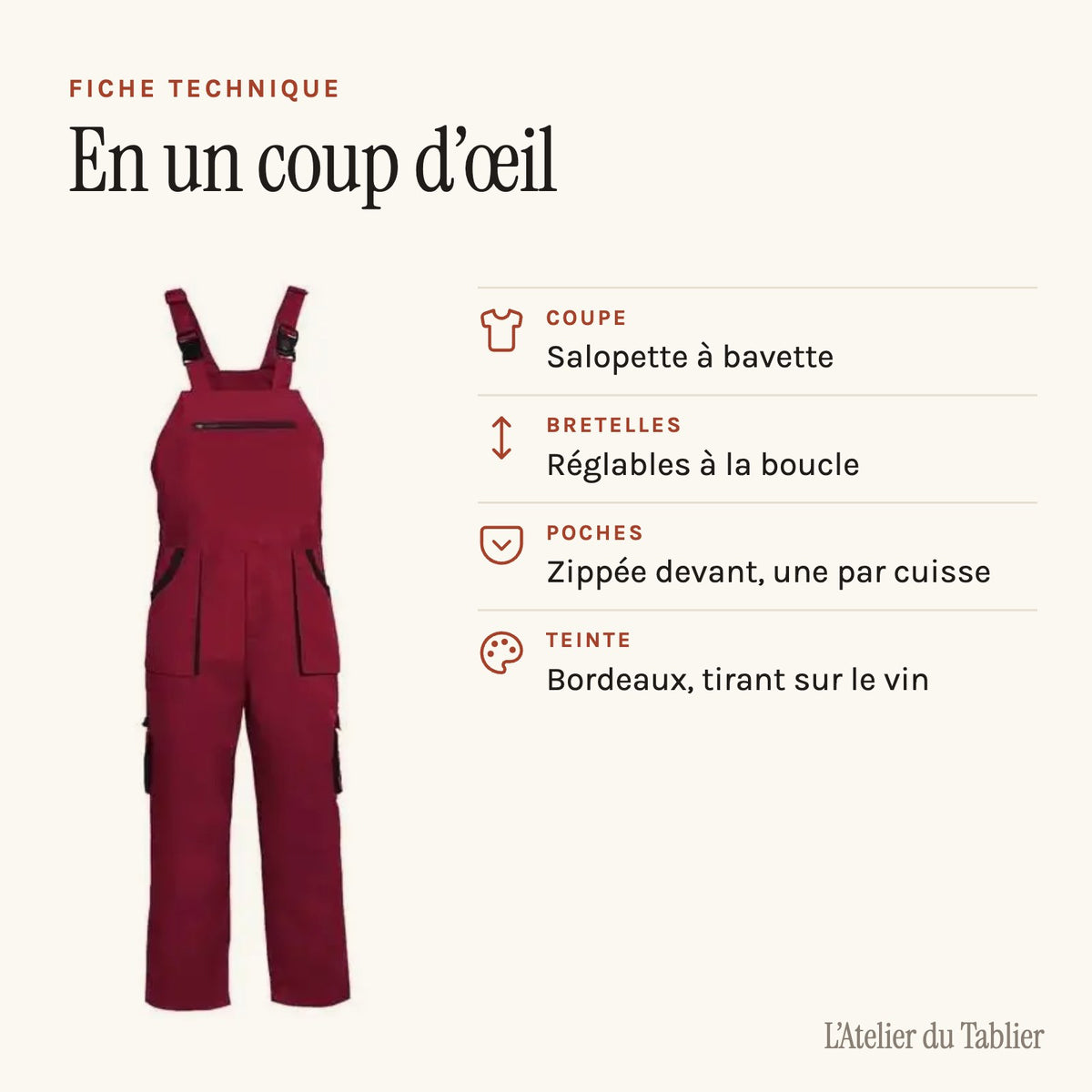 Salopette rouge bordeaux à poches sur les cuisses, du S au 4XL, fiche technique