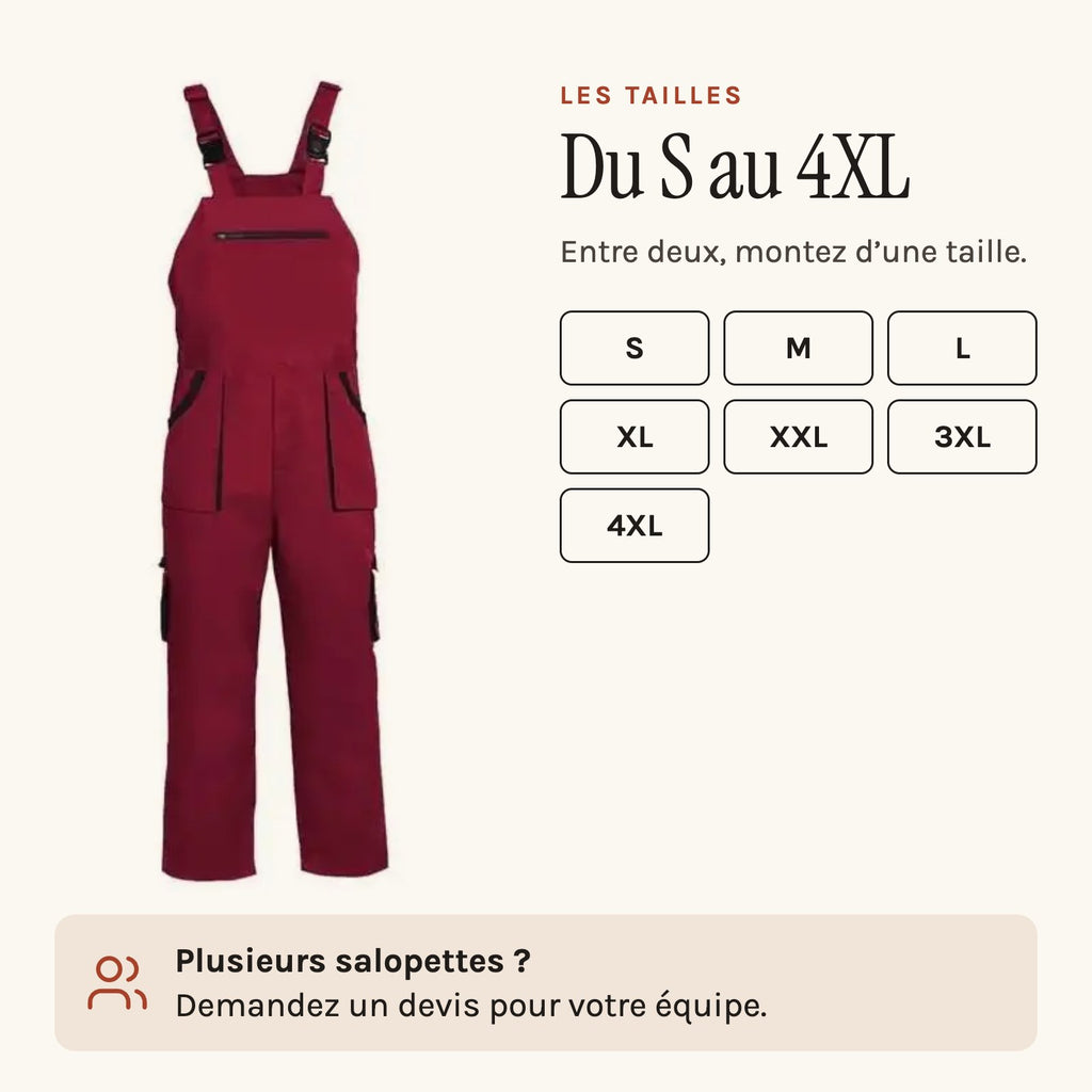Salopette rouge bordeaux à poches sur les cuisses, du S au 4XL, les tailles