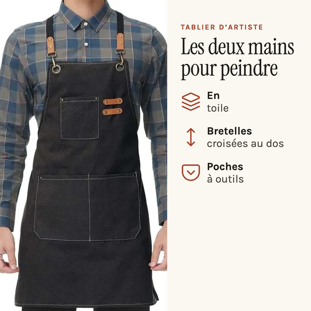 Tablier d’artiste en toile, bretelles croisées et poches à outils, noir, porté