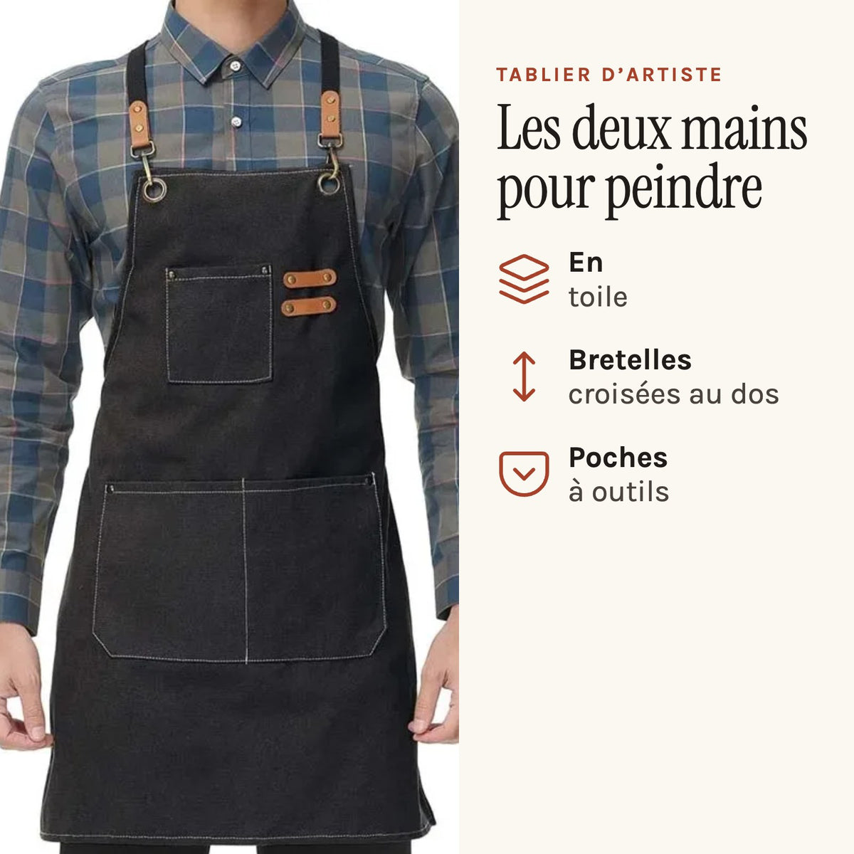 Tablier d’artiste en toile, bretelles croisées et poches à outils, noir, porté