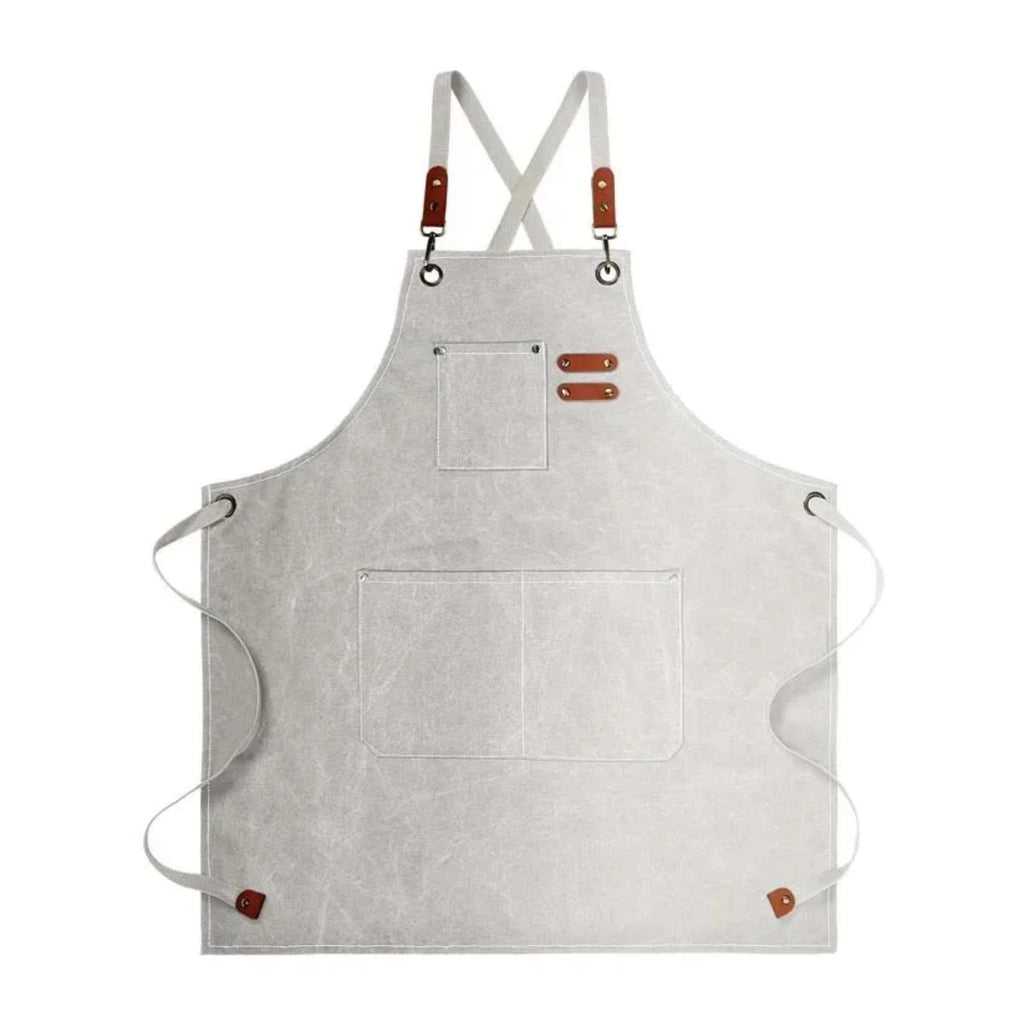 Tablier d’artiste en toile, bretelles croisées et poches à outils, blanc, de face