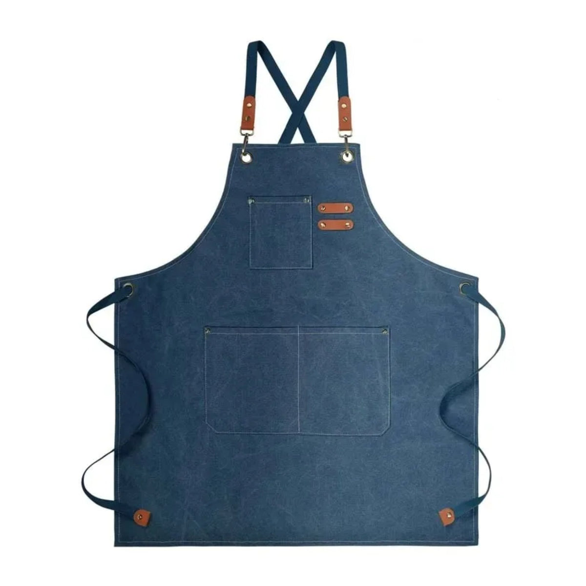 Tablier d’artiste en toile, bretelles croisées et poches à outils, bleu, de face