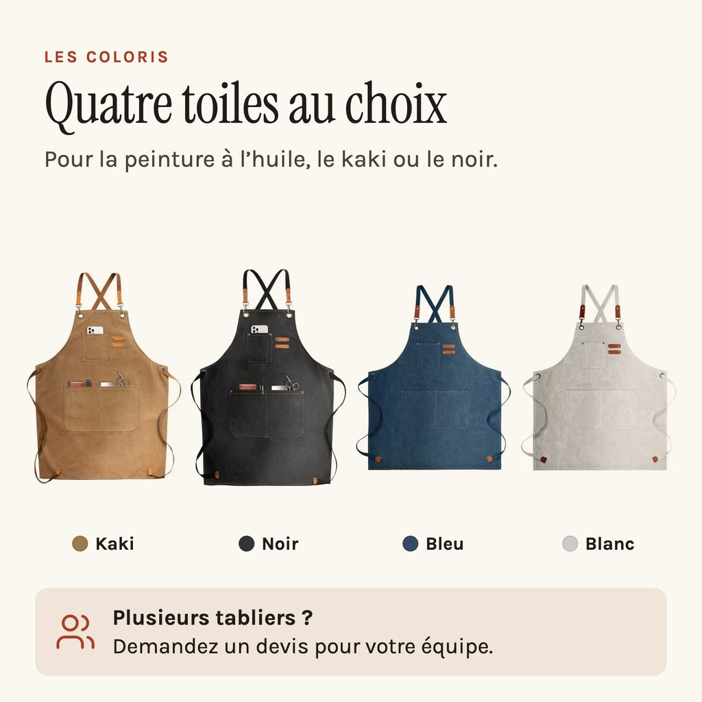 Tablier d’artiste en toile, bretelles croisées et poches à outils, les quatre coloris