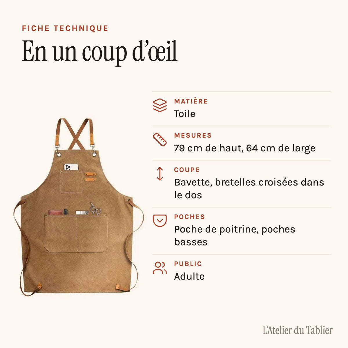 Tablier d’artiste en toile, bretelles croisées et poches à outils, fiche technique
