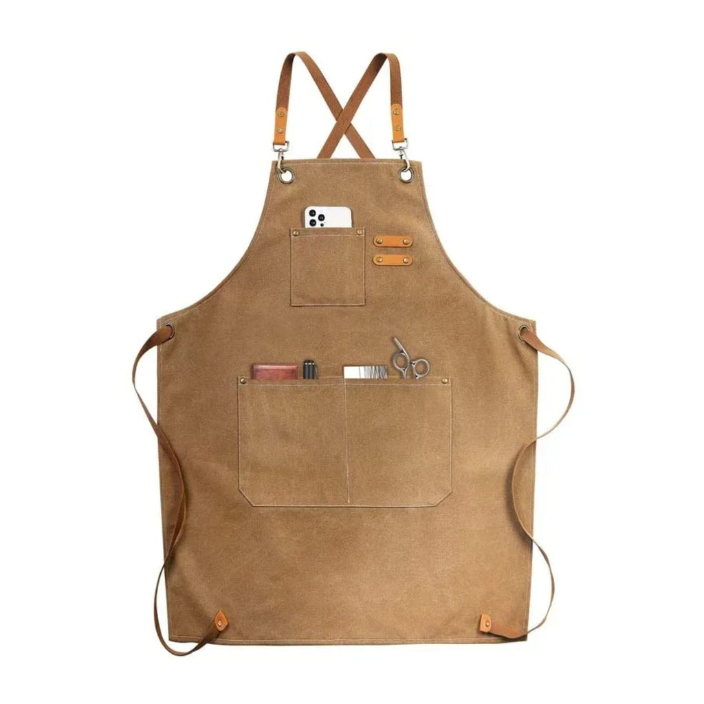 Tablier d’artiste en toile, bretelles croisées et poches à outils, kaki, de face