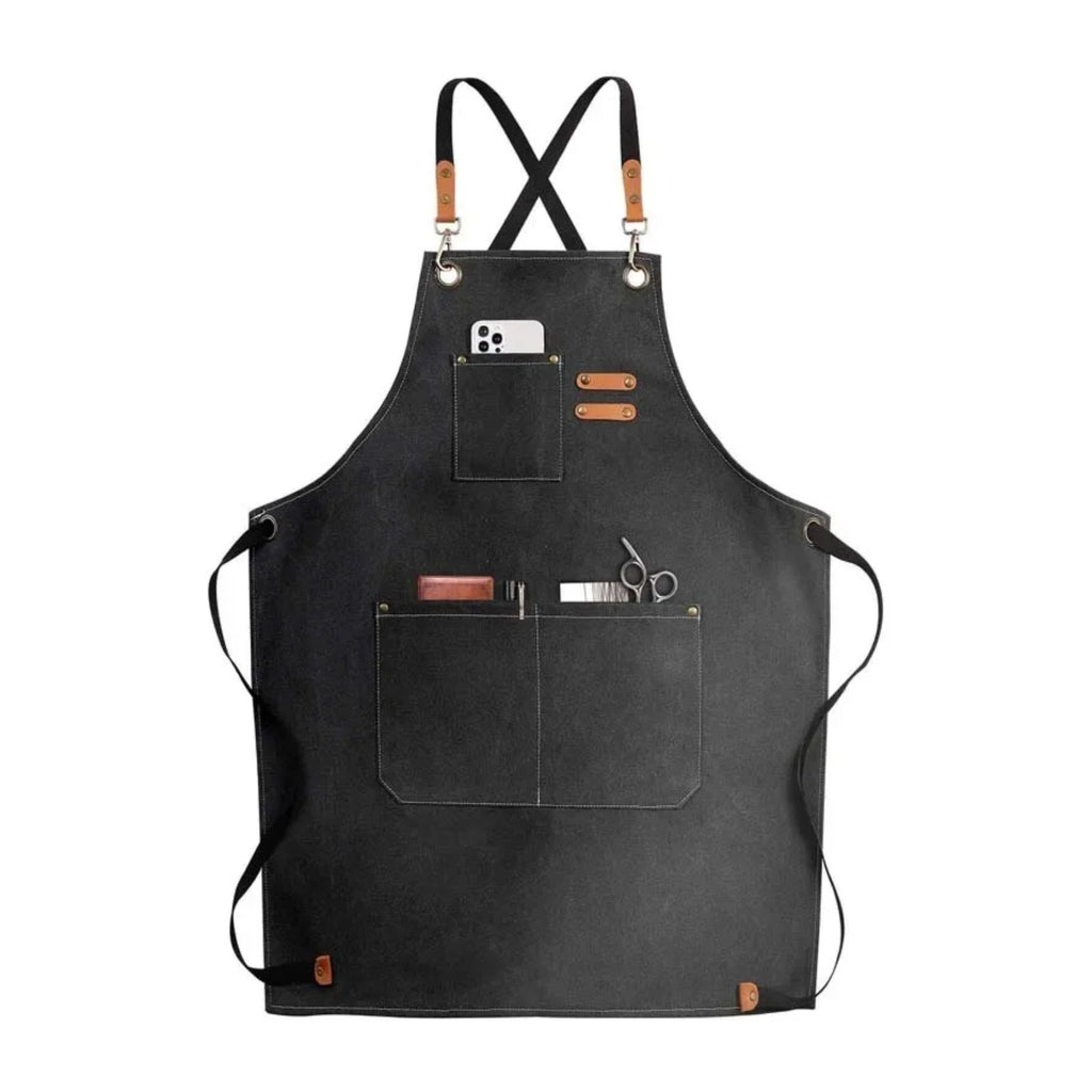 Tablier d’artiste en toile, bretelles croisées et poches à outils, noir, de face