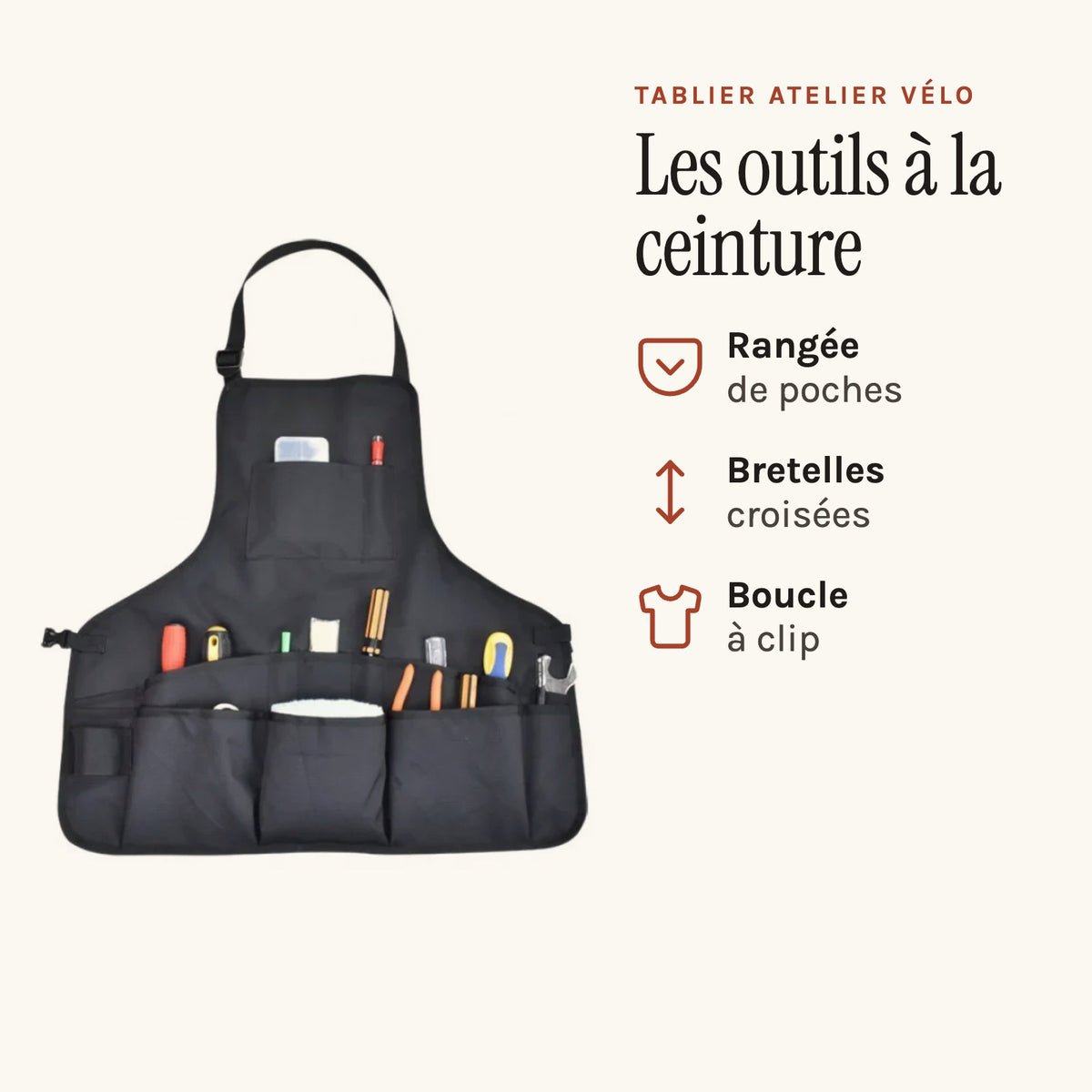 Tablier atelier vélo porte-outils, à rangée de poches, noir, poches garnies d’outils