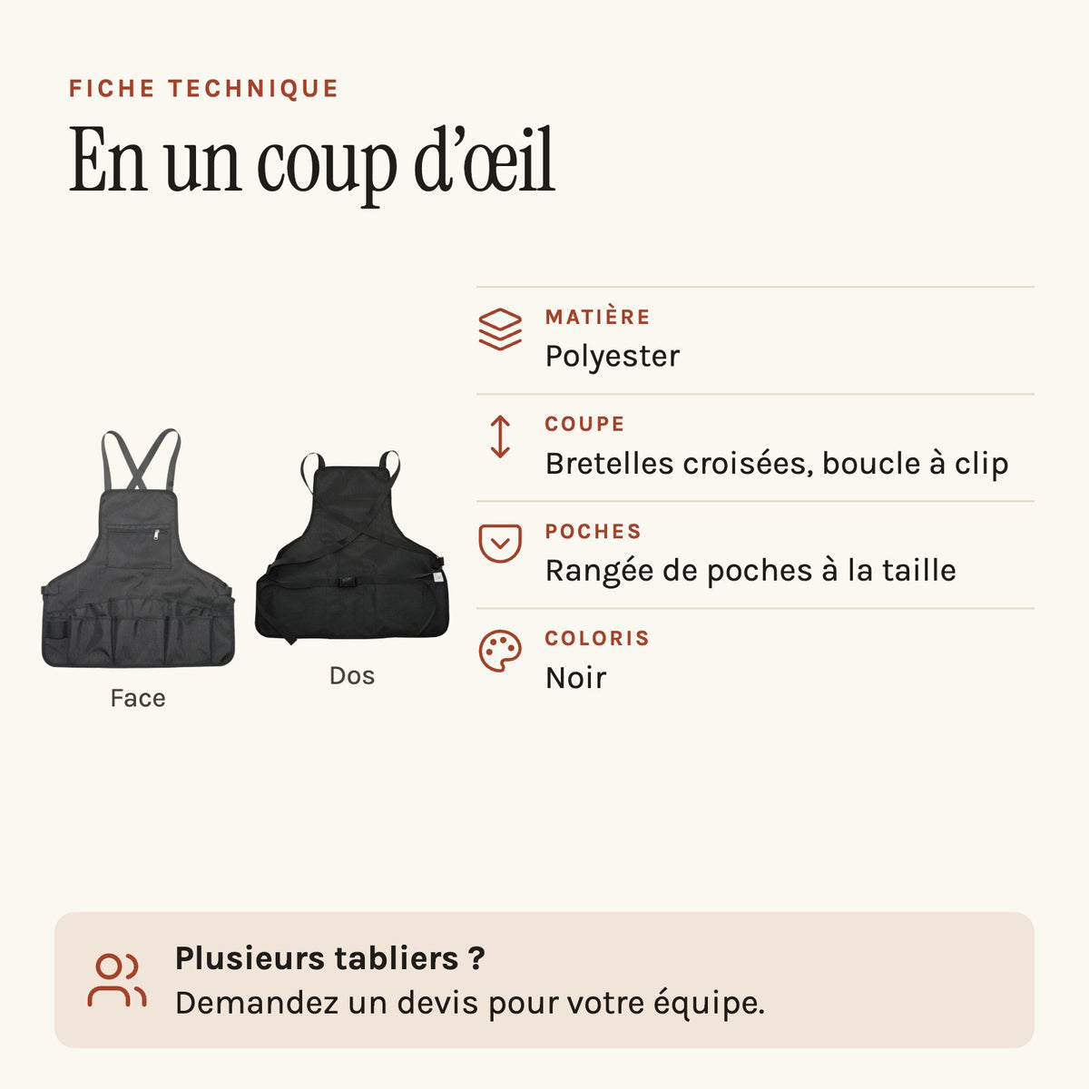 Tablier atelier vélo porte-outils, à rangée de poches, fiche technique